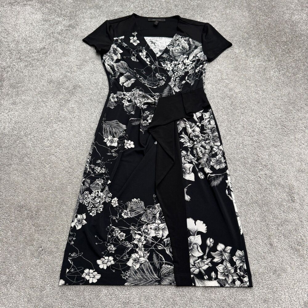 BCBGMaxazria Floral Wrap Ruffle V-Neck Midi Sheath Dress Women Small Black White